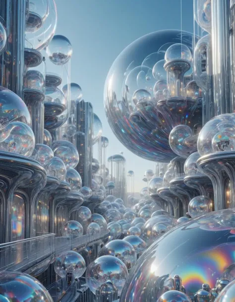 a close up of a bunch of shiny spheres floating in a city