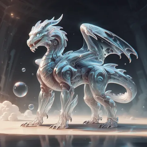 a white dragon with a blue tail and a large body of water