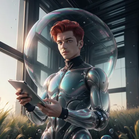 <lora:BubblyTech:0.8>,bubblytech ,scifi, transparent, iridescent , see-through, inflated, 
1boy,man , holding,upper body, red ha...