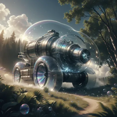 <lora:BubblyTech:0.8>,bubblytech  ,scifi,  transparent, iridescent ,  see-through, inflated, 
futuristic tank, huge energy cannon, in a forest , epic war scene,