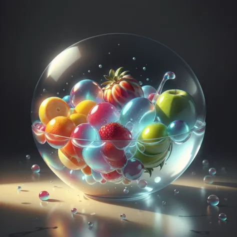 <lora:BubblyTech:0.8>,bubblytech ,scifi, transparent, iridescent , see-through, inflated, 
bowl of juicy fruits,