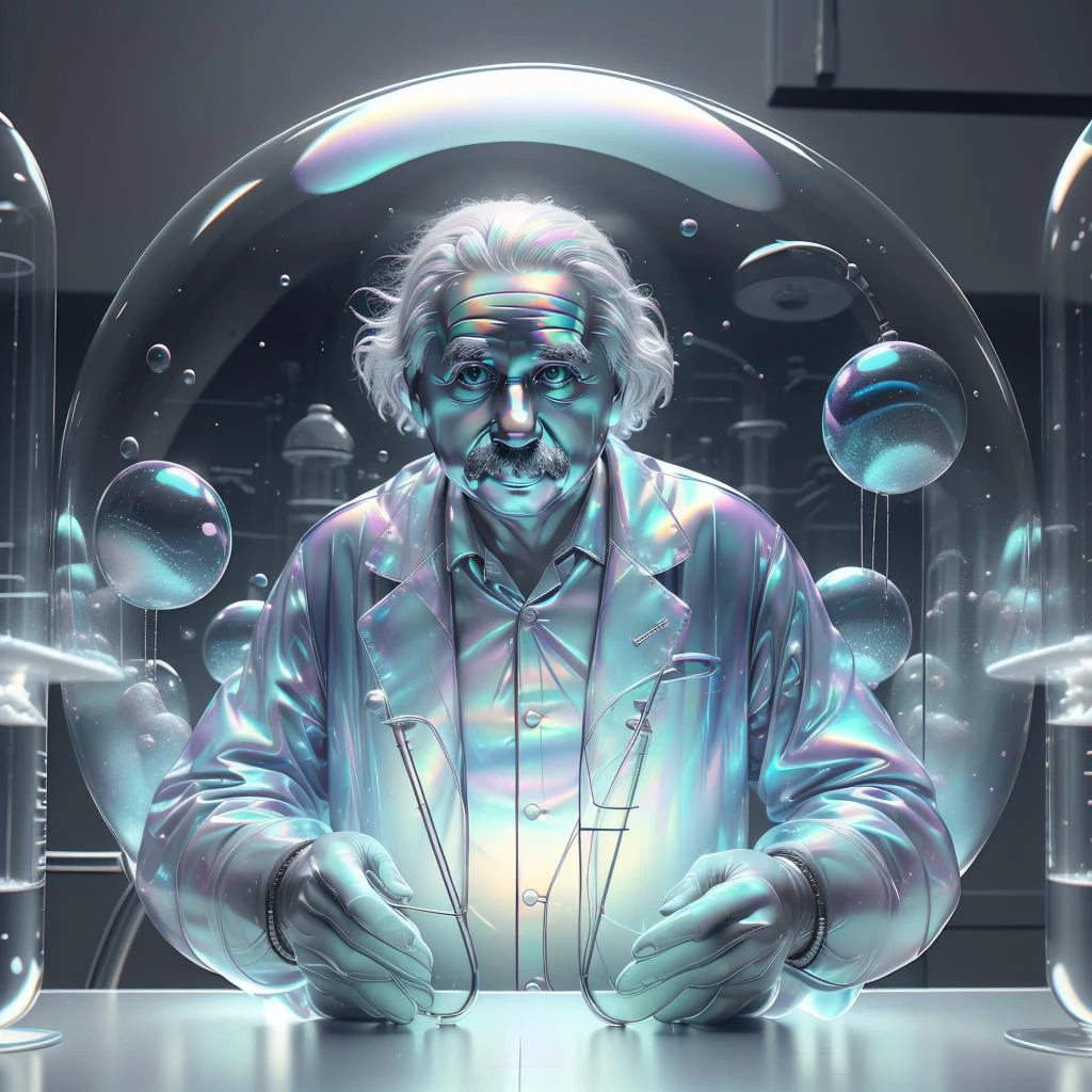 tecnologia borbulhante ,ficção científica, transparente, iridescente , transparentee, Inflado, 
Homem , Albert Einstein, casaco de cientista, em um laboratório