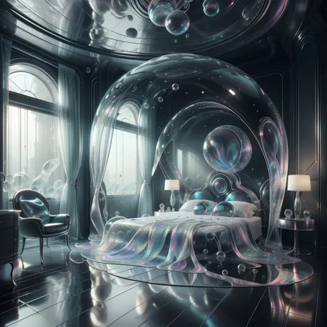 <lora:BubblyTech:0.8>,bubblytech ,scifi, transparent, iridescent , see-through, inflated, 
futuristic bedroom,