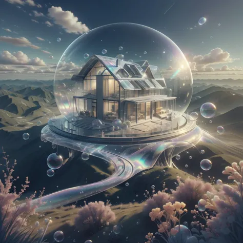 <lora:BubblyTech:0.8>,bubblytech ,scifi, transparent, iridescent , see-through, inflated, 
house on a hill, soothing scenery,