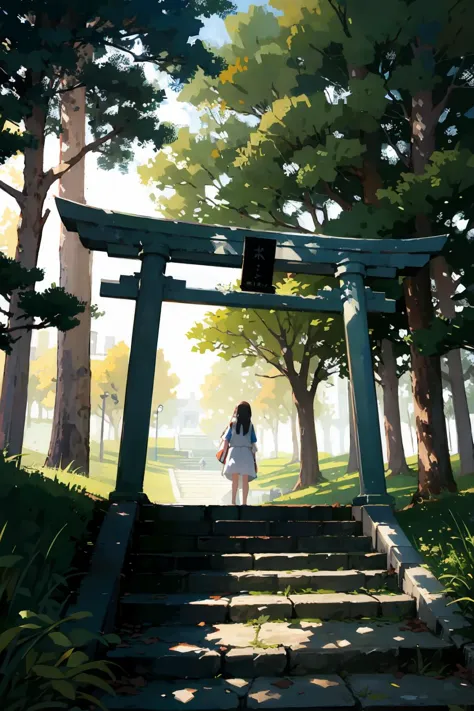 anime girl walking up steps in a park with a tori gate