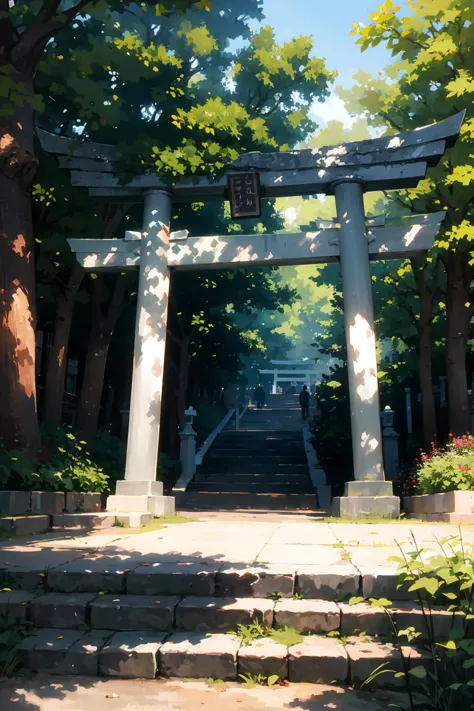 there is a painting of a gate in a park with steps