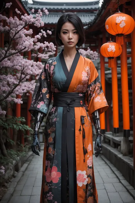 Woman in a kimono a cyberarm and headoverlay walking through( japanese temple:1.3), cyberpunk, neon lights, scifi, (dynamic pose...