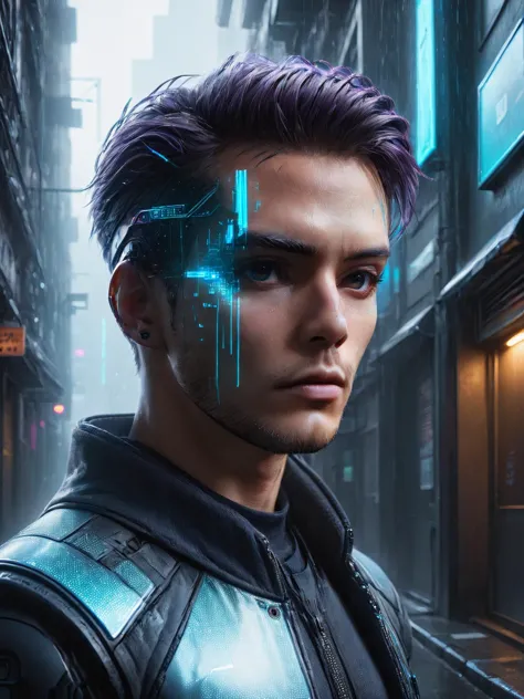 a man with purple hair and a futuristic face in a city