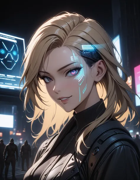 1girl, solo, caucasian, westerner, blonde hair, long hair, asymmetrical hair, mechanical eye, eye reflection, mercenary, bounty hunter, <lora:Neon_Cyberpunk_Headoverlay_SDXL:0.6> mad-hdvrly, hologram, holographic face, face cyberware, portrait, extreme close-up, head tilt, looking at viewer, seductive smile, science fiction, cyberpunk, los angeles, night, city, dystopian, moody, edgy, gritty, neon lights, dramatic lighting, perfect lighting, depth of field, blurry background, cinematic, filmic, high budget, (masterpiece), (best quality), (ultra-detailed), very aesthetic, illustration, perfect composition, intricate details, absurdres