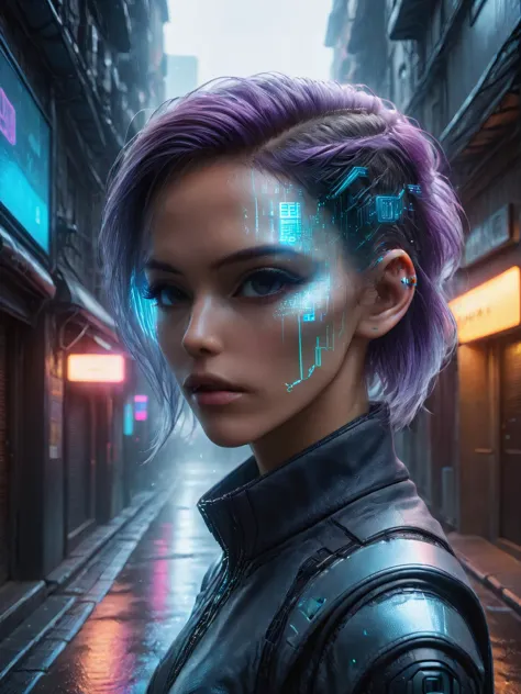 woman, mad-hdvrly, cyberpunk, foating hologram, alley, haze, steam, rain, night, neon light <lora:Neon_Cyberpunk_Headoverlay_SDX...