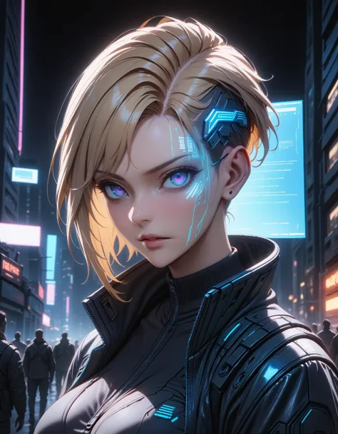 1girl, solo focus, mature female, blonde hair, short hair, asymmetrical hair, sidecut, undercut, artificial eye, <lora:Neon_Cyberpunk_Headoverlay_SDXL:0.7> mad-hdvrly, hologram, holographic interface, holographic face, cyberware, jacket, open jacket, neon trim, t-shirt, large breasts, portrait, close-up, looking at viewer, serious, science fiction, cyberpunk, night, city, dystopian, post-apocalypse, neon lights, dramatic lighting, perfect lighting, depth of field, blurry background, cinematic, filmic, high budget, (masterpiece), (best quality), (ultra-detailed), very aesthetic, illustration, perfect composition, intricate details, absurdres