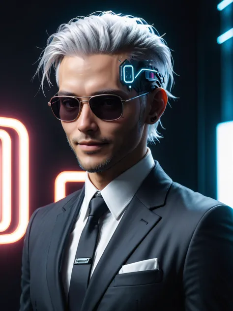 man wearing a suit and sunglasses, mad-hdwr, cyberpunk, futuristic office, neon light, white hair, light smile <lora:Neon_Cyberpunk_Headware_SDXL:0.8>, raw photo, film grain, Fujifilm XT3, (photorealistic, realistic:1.2), deep shadow,  8k, uhd, dslr, ultra high res