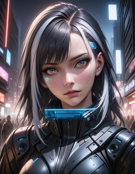 1girl, solo focus, white hair, black hair, long hair, streaked hair, two-tone hair, asymmetrical hair, mechanical eye, <lora:Neo...