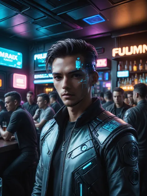 man, mad-hdvrly, cyberpunk, (floating hologram:1.2), crowded bar, depth of field, neon light <lora:Neon_Cyberpunk_Headoverlay_SDXL:0.8>, raw photo, film grain, Fujifilm XT3, (photorealistic, realistic:1.2), deep shadow,  8k, uhd, dslr, ultra high res