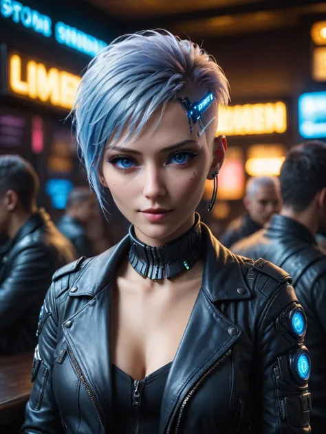 woman, mad-hdwr,  cyberpunk, leather jacket, crowded bar, depth of field, neon light, platinum pixie cut, (blue eyes:1.2), light...