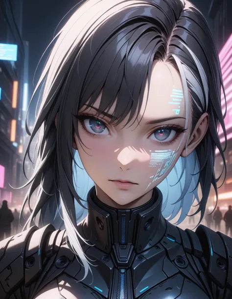 1girl, solo focus, mature female, white hair, black hair, long hair, streaked hair, two-tone hair, asymmetrical hair, mechanical eye, <lora:Neon_Cyberpunk_Headoverlay_SDXL:0.6> mad-hdvrly, hologram, holographic face, face cyberware, portrait, extreme close-up, head tilt, looking at viewer, science fiction, cyberpunk, night, city, dystopian, moody, edgy, gritty, neon lights, dramatic lighting, perfect lighting, depth of field, blurry background, cinematic, filmic, high budget, (masterpiece), (best quality), (ultra-detailed), very aesthetic, illustration, perfect composition, intricate details, absurdres