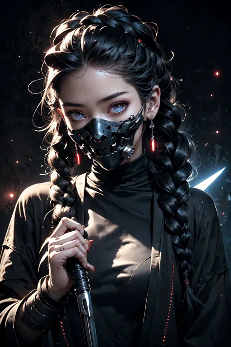 close up ((diamondly beautiful eyed girl)) with braids  holds a weapon in his hand on a black background, red glowing eyes, holy...
