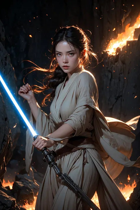 A female Jedi in a long dress (Uses force:1.7), artwork in the style of guweiz, (there is fire everywhere:1.4), as a tarot card,...