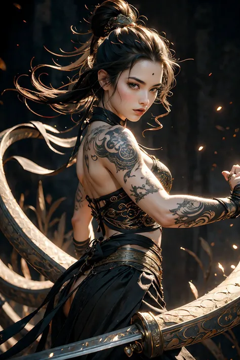 a skinny warrior princess with tattoo the long snake-like writhing body of the black swan dragon and  sword , stormy hair, highest quality, masterpiece, ultra-detailed, dof, artistic lighting, (stunning visual effects, fantasy, ArtStation, vfx, very beautiful graphics, CG) <lora:xuer Ancient Chinese sword_20240111024647:0.4> xuer Ancient Chinese sword, <lora:anxiang:0.2>, drawing on a white background, concept art