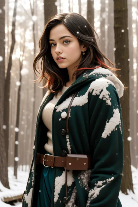 a woman in a green coat standing in the snow