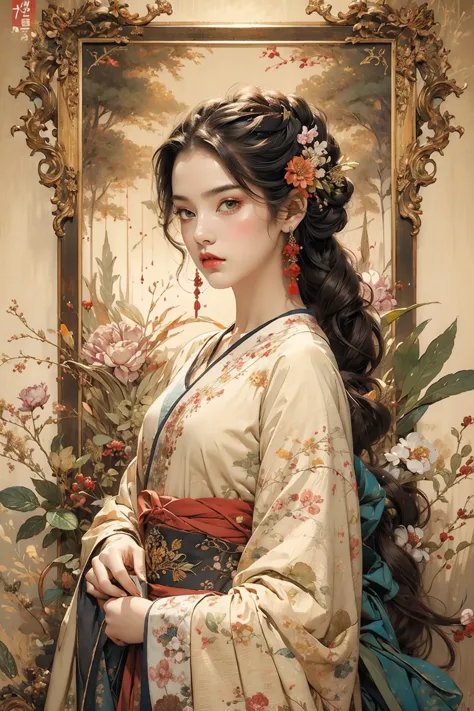 Ambilight,masterpiece,ultra-high quality,(ultra detailed original illustration),((hanfu fashion)),clean cloth,flower blossom bac...