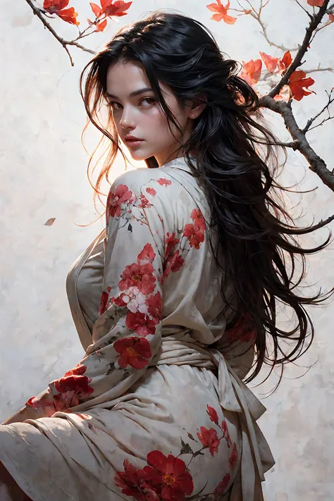 a painting of a woman sitting on a tree branch with red flowers, artwork in the style of guweiz, mark brooks and brad kunkle, de...