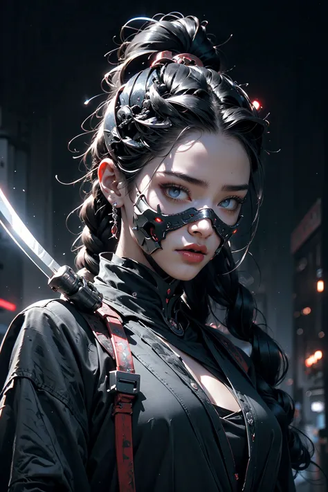 close up ((diamondly beautiful eyed girl)) with braids  holds a weapon in his hand on a black background, red glowing eyes, holy cyborg necromancer girl, holds a weapon in his hand, Sci-Fi Helmet, cyber mask, brian sum, goddess of war, blue cyborg, balaskas, blink , highest quality, masterpiece, ultra-detailed, dof, artistic lighting, highest quality, masterpiece, ultra-detailed, dof, rimlight <lora:Ghost_Mask_V2_Gold_Edition:0.6>, <lora:anxiang:0.3>