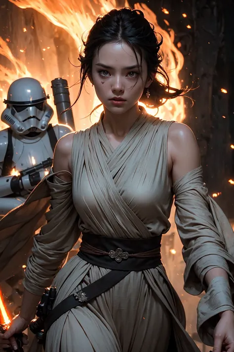 A female Jedi in a long dress (Uses force:1.7), artwork in the style of guweiz, (there is fire everywhere:1.4), as a tarot card,...