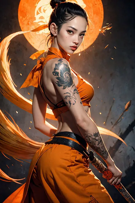 a woman with a sword and a tattoo on her arm, kiko mizuhara, KUNG FU STYLE, beautiful gorgeous digital art, orange gi, beautiful...