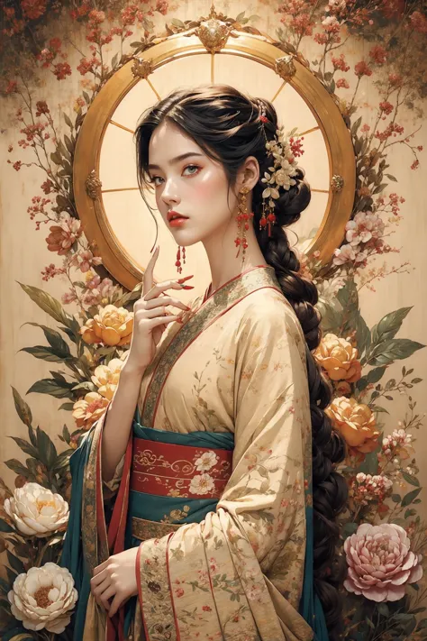Ambilight,masterpiece,ultra-high quality,(ultra detailed original illustration),((hanfu fashion)),clean cloth,flower blossom bac...