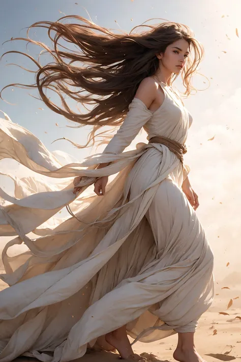 a barefoot woman in a white dress and wide brown belt walking through leaves, desert fighter ancient mage, photo pinterest, gale...