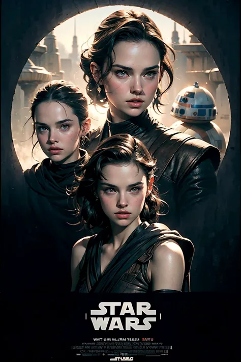 (Star wars movie poster:1.2) (hybrid of Daisy Ridley and Natalie Portman), ((stunning visual effects, fantasy, ArtStation, vfx, ...