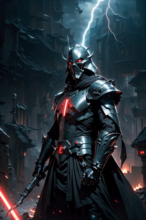 (The battle scene of The dark Sith without a face destroys his enemy with the force :1.2), (wared in helmet, sharp sleek cyborg ...