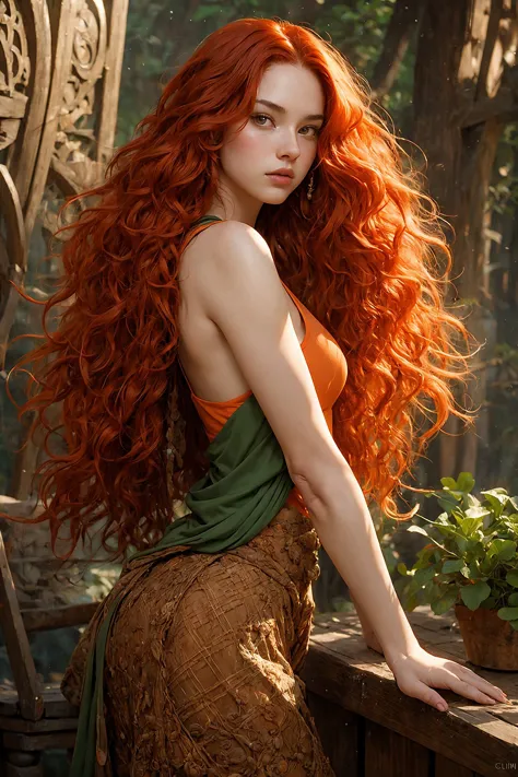 a painting of a slender sexy girl with long red hair and a green top, photorealistic disney, celtic culture, uniquely beautiful,...