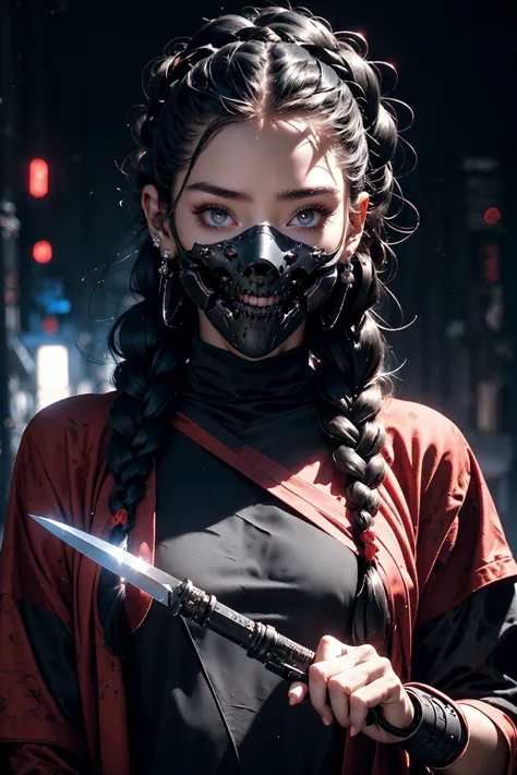 close up ((diamondly beautiful eyed girl)) with braids  holds a weapon in his hand on a black background, red glowing eyes, holy cyborg necromancer girl, holds a weapon in his hand, Sci-Fi Helmet, cyber mask, brian sum, goddess of war, blue cyborg, balaskas, blink , highest quality, masterpiece, ultra-detailed, dof, artistic lighting, highest quality, masterpiece, ultra-detailed, dof, rimlight <lora:Ghost_Mask_V2_Gold_Edition:0.6>, <lora:anxiang:0.3>