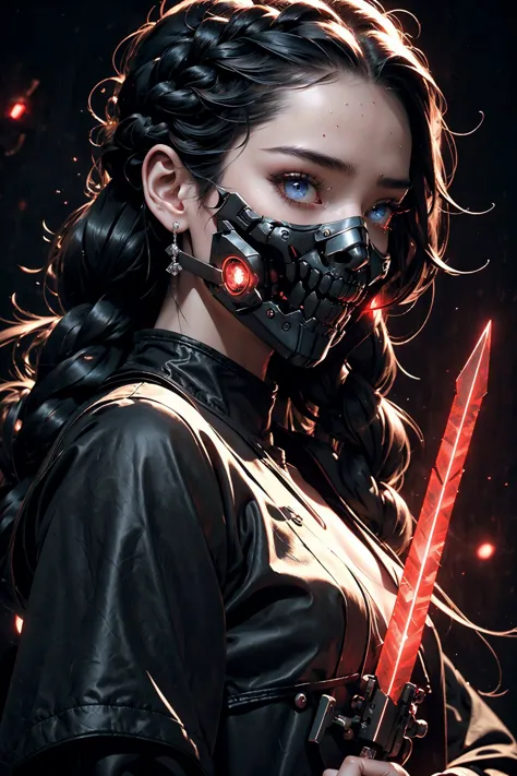 close up ((diamondly beautiful eyed girl)) with braids  holds a weapon in his hand on a black background, red glowing eyes, holy...
