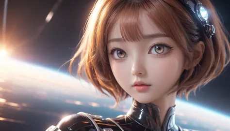 ambr1 , 1girl , a spaceship crew faces a mutiny, very thin waist,  breasts, cleavage, slim body,, (8k, masterpiece, best quality, ultra-detailed),  (an extremely delicate and beautiful)kawaii, cute, very big eyes, Aesthetic Anime Eyes, small face,  large breasts, cinematic lighting, , Intricate, High Detail, Sharp focus, dramatic,   masterpiece, best quality, ultra-detailed,