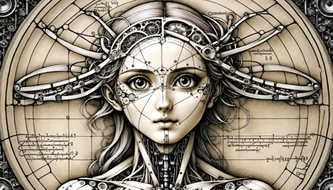 Biomech, ink drawing, anatomical, Da_Vinci, vitruvian, breasts, cleavage, ohwx, ohwx woman, very thin waist,  breasts, cleavage, slim body,, (8k, masterpiece, best quality, ultra-detailed),  (an extremely delicate and beautiful)kawaii, cute, very big eyes, Aesthetic Anime Eyes, small face,  large breasts, cinematic lighting, , Intricate, High Detail, Sharp focus, dramatic,   masterpiece, best quality, ultra-detailed,