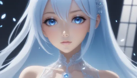 anime girl with blue eyes and white hair in a white dress