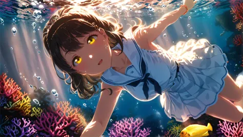 1girl, solo, saeki haruko, idoly pride, white sailor dress, swimming, looking at viewer, confused face, slight open mouth, intricate dark brown hair, bob cut, bangs, pale yellow eyes, long white socks, ribbon shaped bracelet on both arms BREAK (underwater:1.2), (blue sea:1.2), caustics, bubbles, splash, sunbeam, coral, fish, lens flare, vibrant color, masterpiece, detailed shadows, highly detailed, best quality, BREAK (glowing:1.2), bokeh light, (cinematic lighting:1.1) <lora:better_scenery:0.9> <lora:Swimming_XL:0.6> <lora:xl_more_art-full_v1:1> <lora:Difference_Saturation:1> <lora:outline_xl_end:-1> <lora:SaekiHaruko:0.4> BREAK  <lora:EnvyPonyDramaticLighting01:0.6>