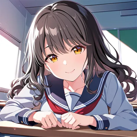 masterpiece,saeki haruko,1girl,wavy hair,xharuko schooluniform,smile,looking at viewer,solo,<lora:saekiharuko:0.8>,classroom,