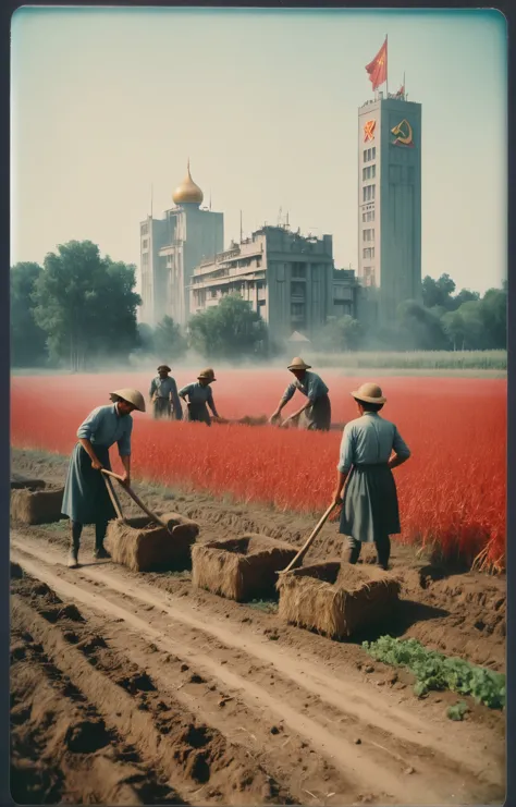 1950s photography, (sovietpunkAI) peasants working the fields, pride, for the motherland, mainly red and gray colors <lora:Sovie...