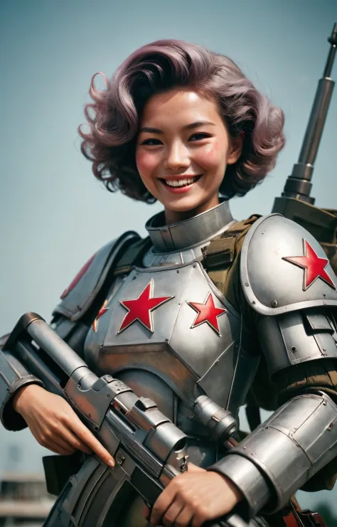 1950s photography BREAK (sovietpunkAI) statuesque Japanese woman with a big smile heavy infantry sniper, pixie hair, wearing heavy steel plate armor, mainly red and gray colors <lora:SovietPunkAIp:1> BREAK (old polaroid photo:2), stunning beauty, detailed skin, skin texture, skin pores, (freckles:0.25). Polaroid SX-70, pastel colors, film by Wes Anderson, hazy, vintage, analog style, 1950's, style of Nan Goldin, style of Oleg Oprisco