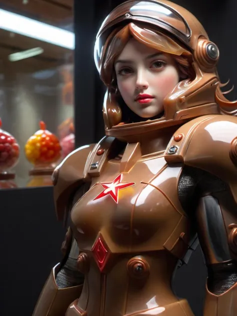 (masterpiece, best quality, absurdres:1.2), (transparent caramel:1.6), a candy figurine of  Soviet Super Soldier girl, sovietpun...