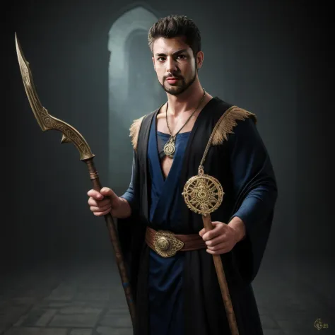 Caua Reymond solo, ultra quality, 8K image, realistic photo, mage robe, muscular, holding a staff, neck necklace, magic circle