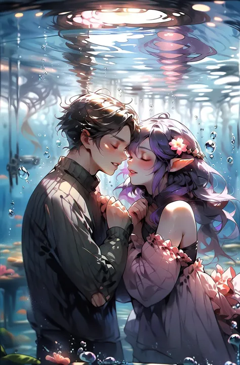 anime couple kissing in a jar of water with flowers