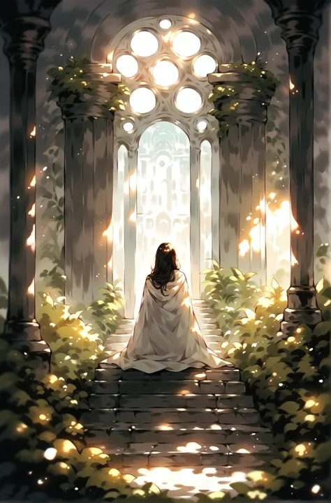 score_9,score_8_up,score_7_up,score_6_up,score_5_up,score_4_up 1girl,solo,long hair,black hair,dress,very long hair,standing,indoors,from behind,cape,window,sunlight,plant,scenery,cloak,light particles,stairs,fantasy,facing away,wide shot,pillar,arch <lora:ToraFurry_XL_PonyV6_p1-t1:0.8>