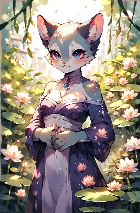 anime cat in a dress standing in a garden with water lilies