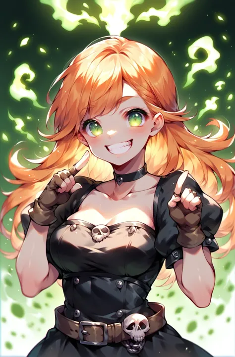 score_9,score_8_up,score_7_up,score_6_up,score_5_up,score_4_up 1girl,solo,long hair,breasts,looking at viewer,smile,bangs,gloves,dress,green eyes,collarbone,upper body,short sleeves,cowboy shot,teeth,choker,black gloves,puffy sleeves,shiny,belt,hand up,fingerless gloves,orange hair,grin,black dress,shiny hair,puffy short sleeves,gradient,gradient background,glowing,black choker,glowing eyes,index finger raised,brown gloves,green background,skull,ghost,aura <lora:ToraFurry_XL_PonyV6_p1-t1:0.8>