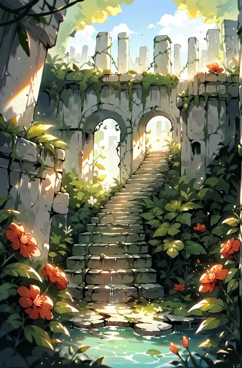 a painting of a stone stairway leading to a garden with flowers